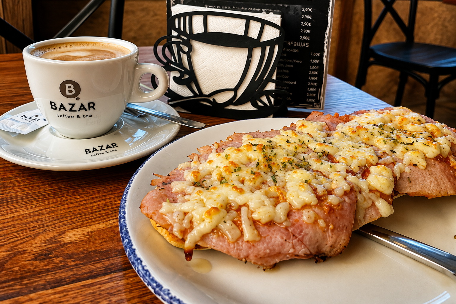 Tostada gratinada con café con leche en Cafetería Restaurante Dallas